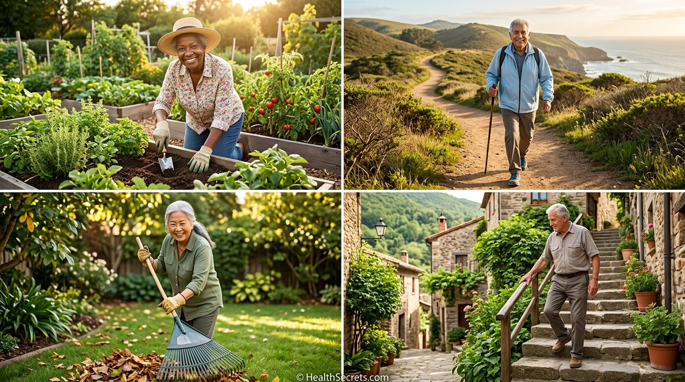 Natural daily movement activities for longevity including gardening walking and housework