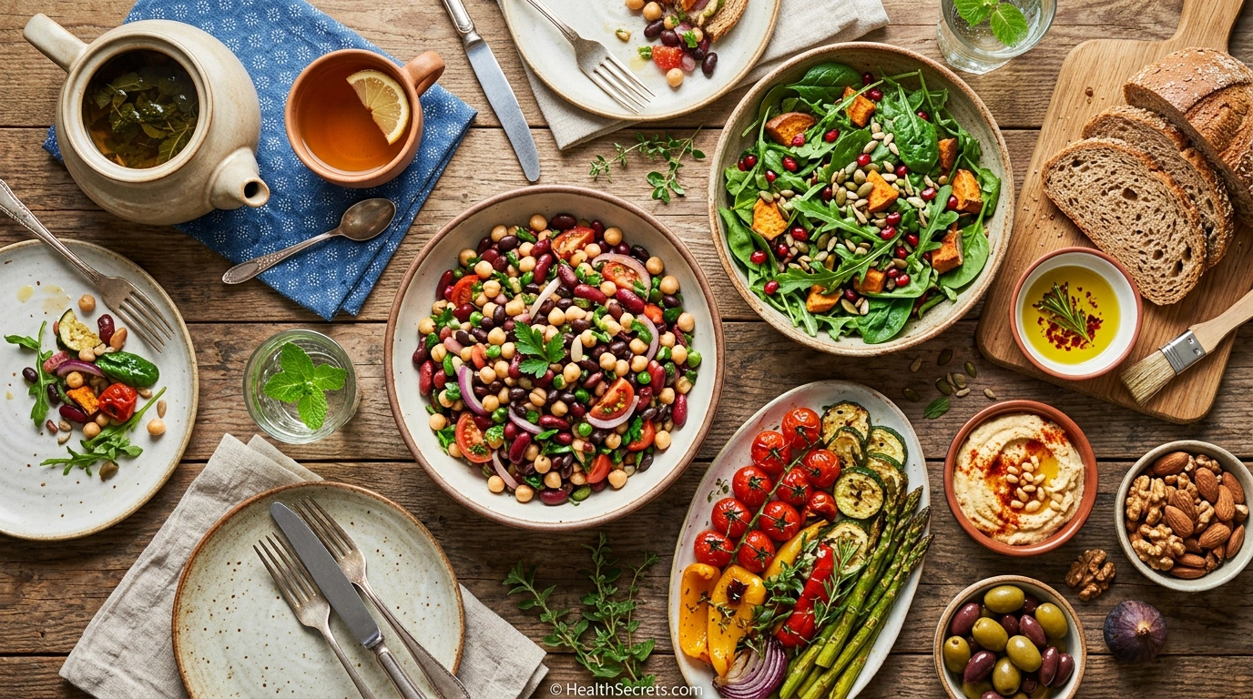 Plant-based Blue Zones meal spread featuring beans vegetables whole grains and herbal tea