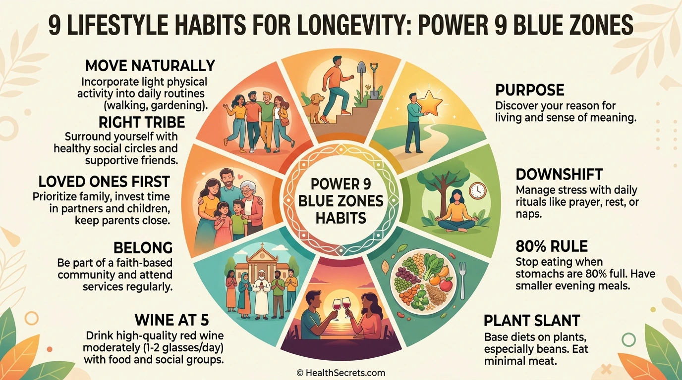 Power 9 infographic showing nine longevity habits shared across all Blue Zones populations