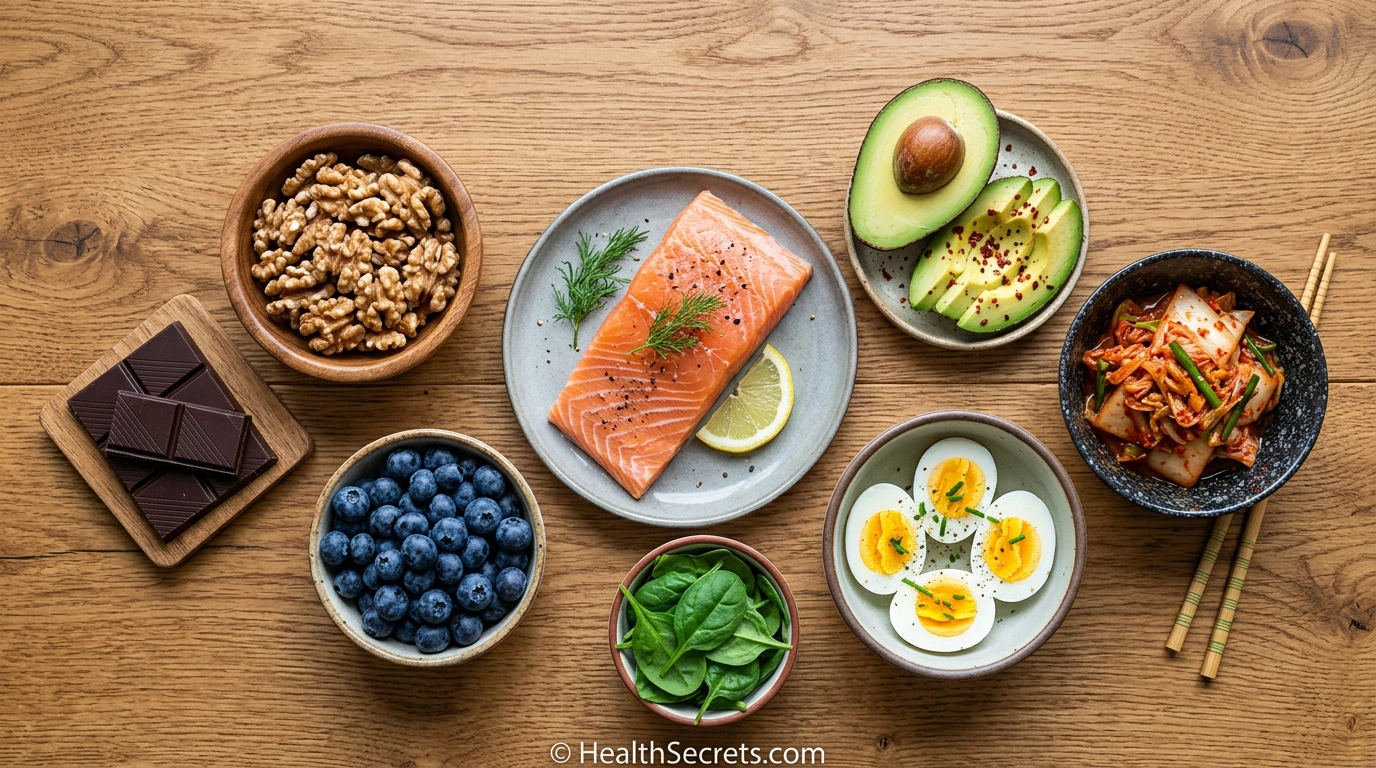 Brain-healthy foods including salmon blueberries walnuts spinach and fermented foods for mental wellness
