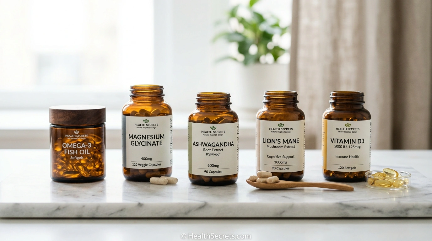 Mental wellness supplements including omega-3 magnesium ashwagandha lions mane and vitamin D