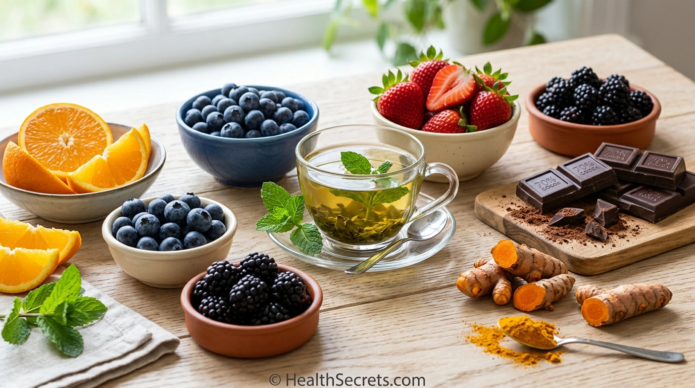 Antioxidant-rich brain foods including berries, dark chocolate, green tea, oranges, and turmeric for neuroprotection