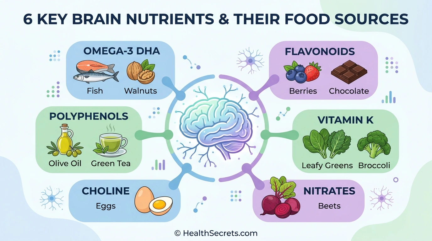 Infographic of six key brain nutrients and their best food sources including omega-3, flavonoids, vitamin K, choline, polyphenols, and nitrates