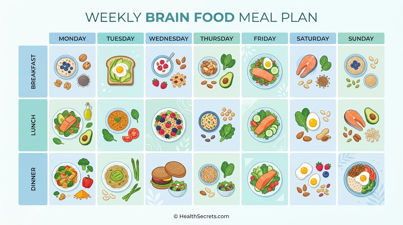 Weekly brain food meal plan showing how to incorporate the 25 best brain foods into daily meals for cognitive function