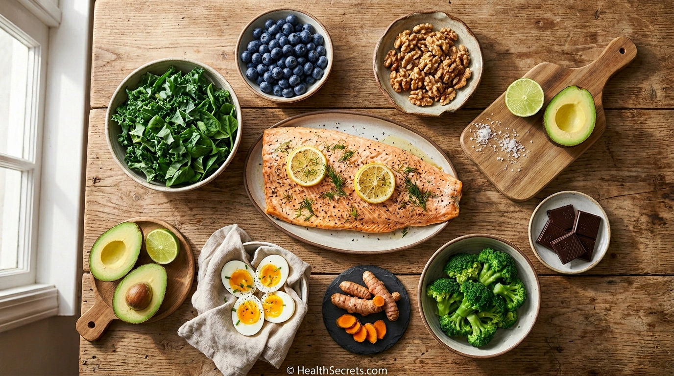 Top 25 brain foods for cognitive function arranged on a wooden table including salmon, blueberries, walnuts, leafy greens, and dark chocolate