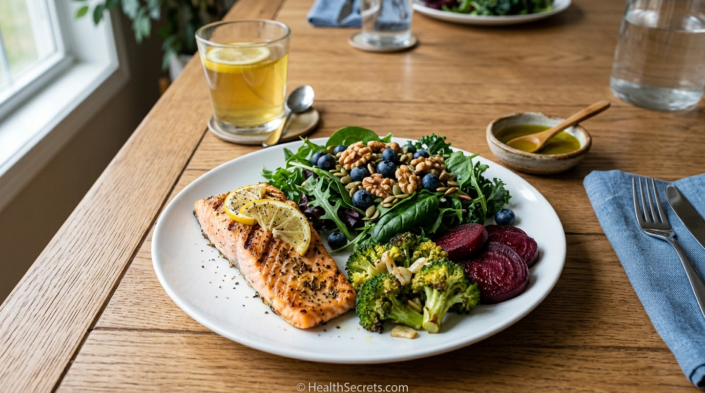 MIND diet brain-healthy meal plate with salmon, leafy greens, berries, broccoli, beets, and olive oil