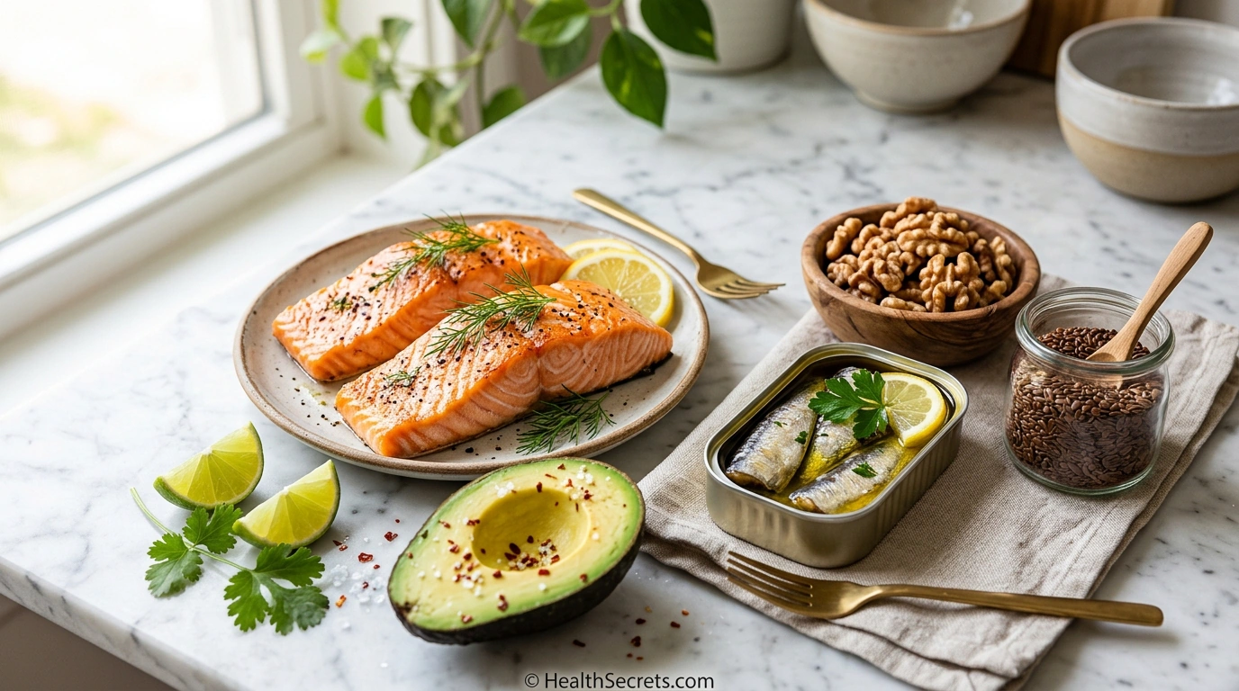 Omega-3 rich brain foods including salmon, sardines, walnuts, flaxseeds, and avocados for cognitive health
