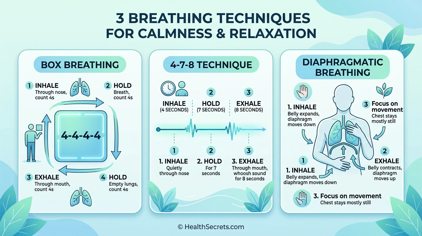 Infographic comparing box breathing, 4-7-8 breathing, and diaphragmatic breathing techniques for stress relief