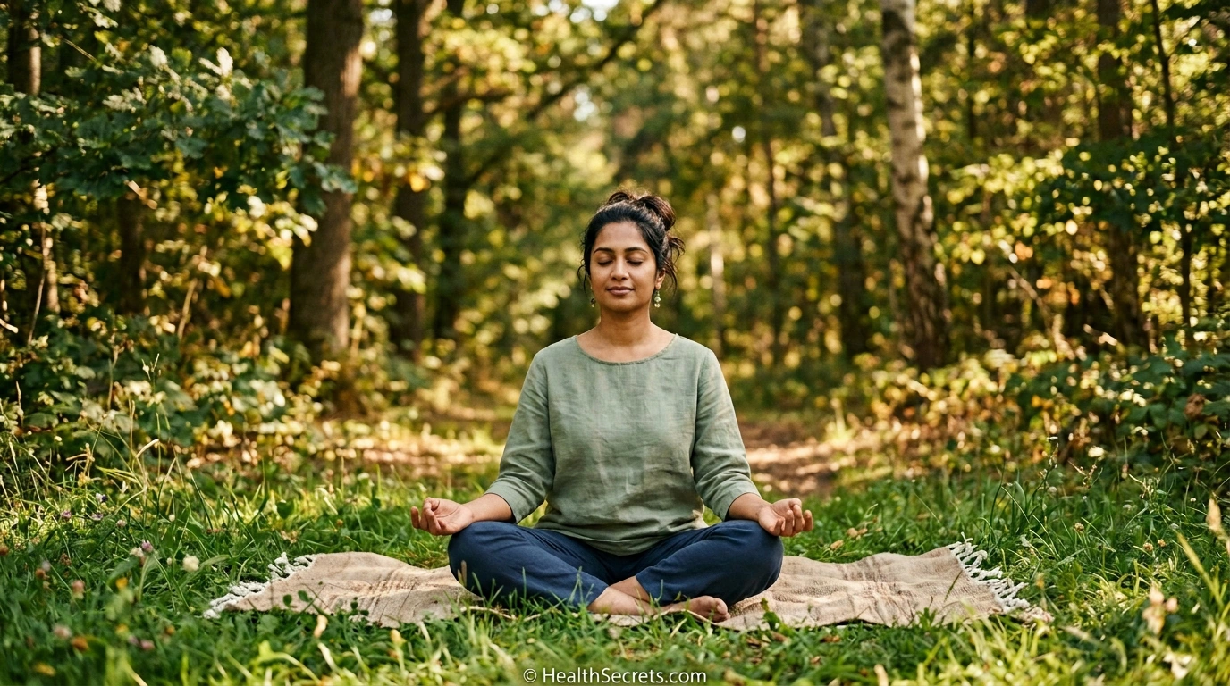 Person practicing mindful deep breathing in a peaceful natural setting for stress management