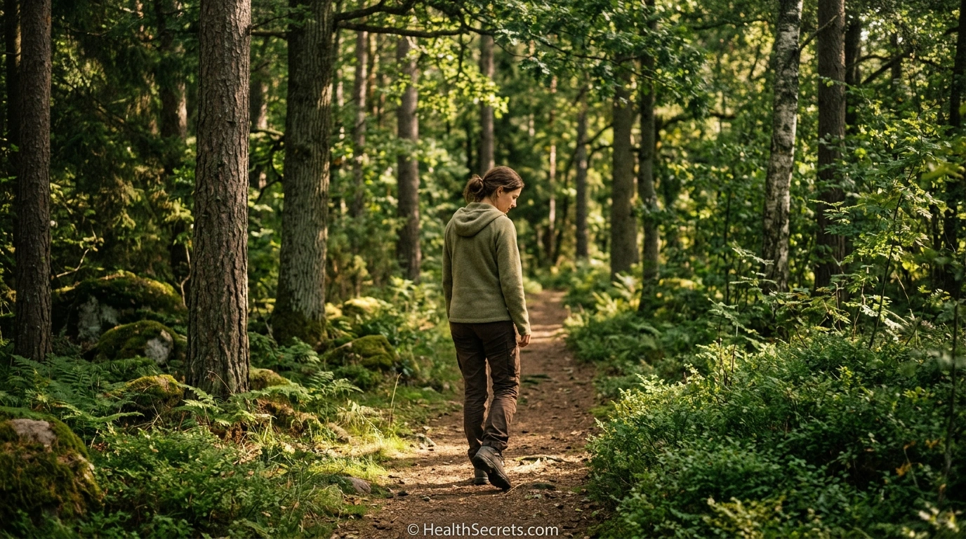 Person practicing forest bathing by walking through a peaceful forest trail for stress reduction