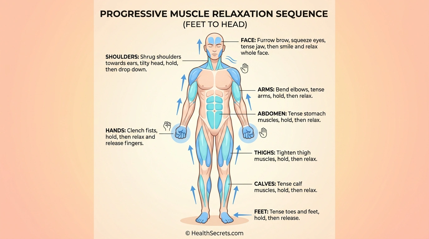 Body diagram showing progressive muscle relaxation sequence from feet to head for stress reduction