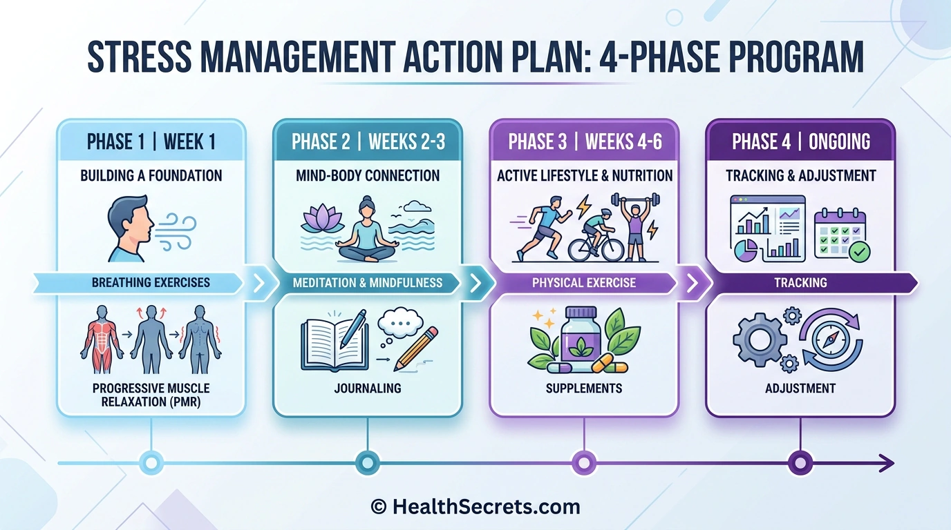 Four-phase stress management action plan timeline showing progressive steps from breathing techniques to ongoing optimization