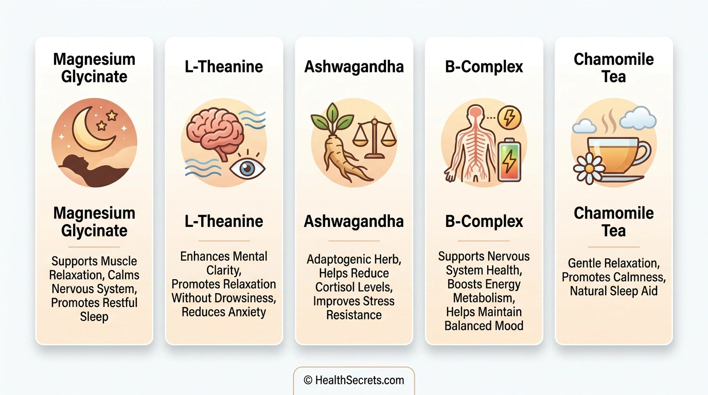 Comparison of five evidence-based stress management supplements including magnesium, L-theanine, and ashwagandha