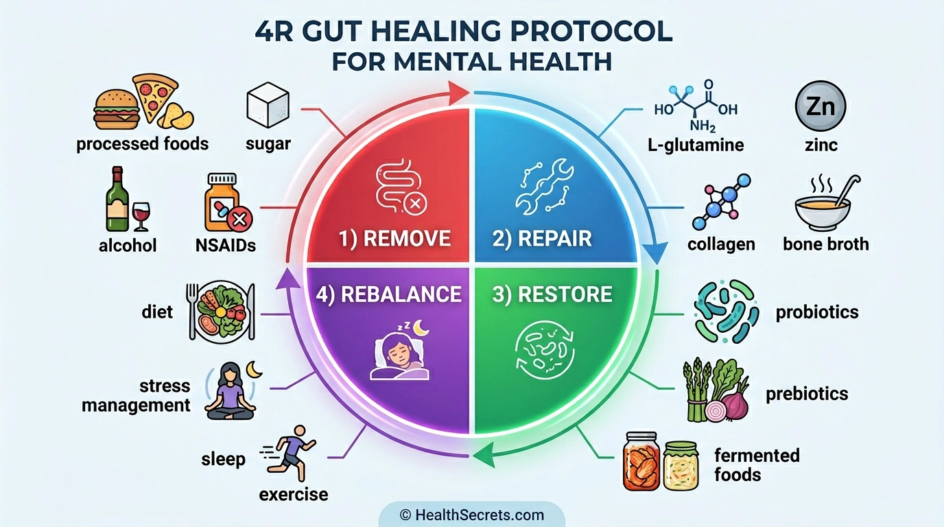 Infographic of the 4R gut healing protocol showing Remove Repair Restore and Rebalance steps with specific interventions for mental health