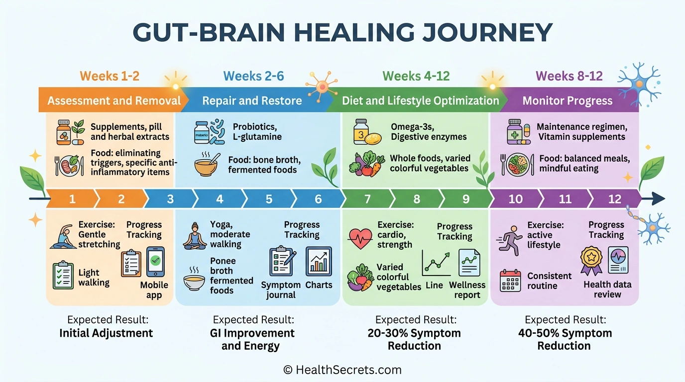 Timeline infographic showing 12-week gut-brain health action plan with four phases and expected improvement milestones