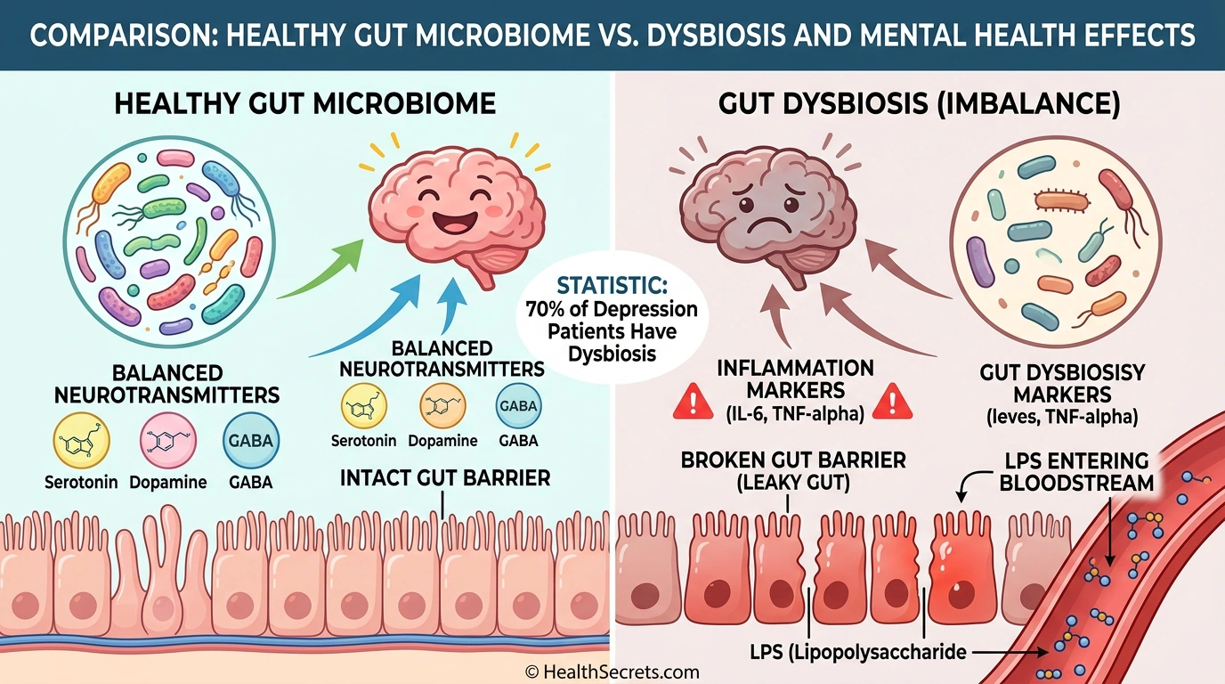 Comparison infographic showing healthy microbiome versus dysbiosis effects on mental health including inflammation and leaky gut