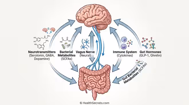 Scientific illustration of the gut-brain axis showing bidirectional communication through vagus nerve, neurotransmitters, immune system, gut hormones, and short-chain fatty acids