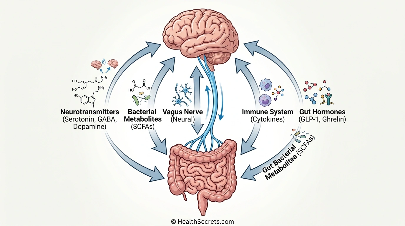 Scientific illustration of the gut-brain axis showing bidirectional communication through vagus nerve, neurotransmitters, immune system, gut hormones, and short-chain fatty acids