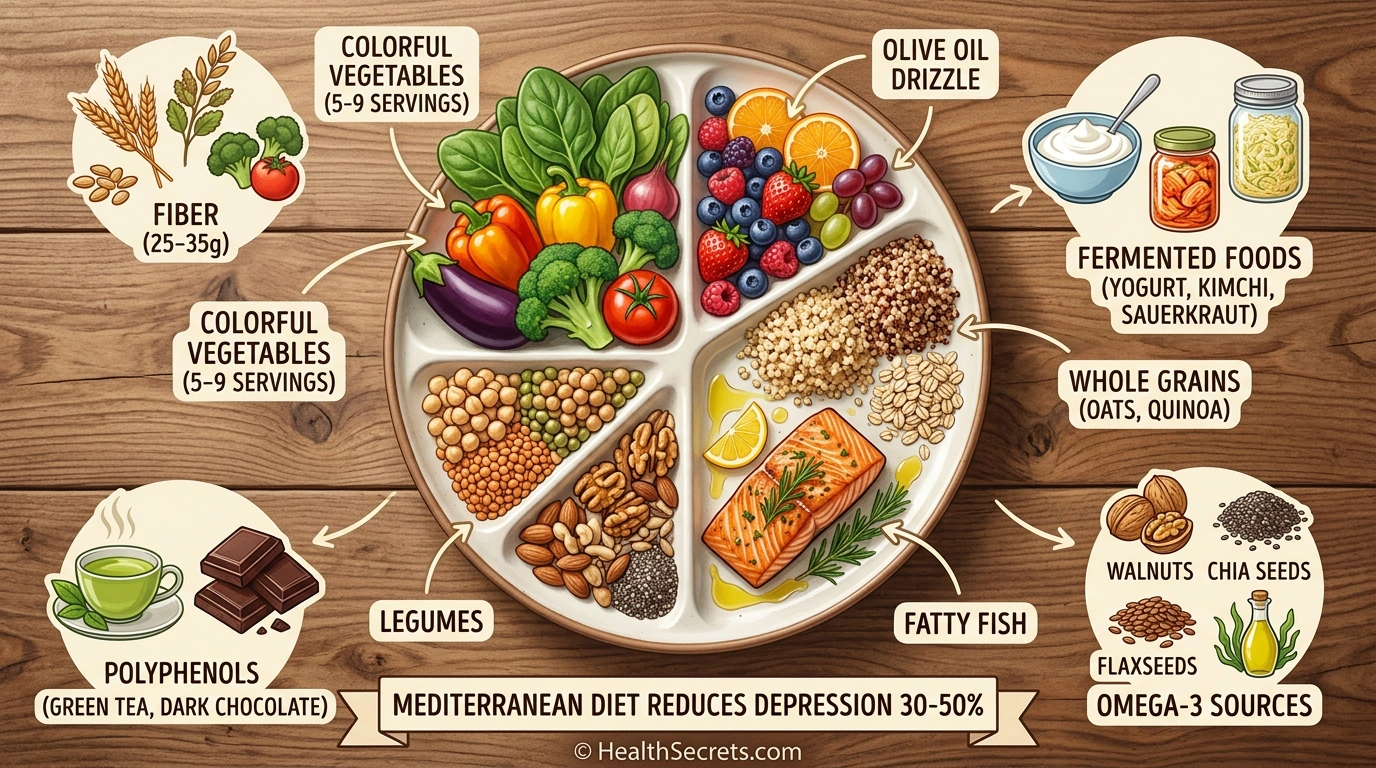 Mediterranean diet plate illustration showing optimal foods for gut-brain health including vegetables fruits whole grains fish fermented foods and fiber sources
