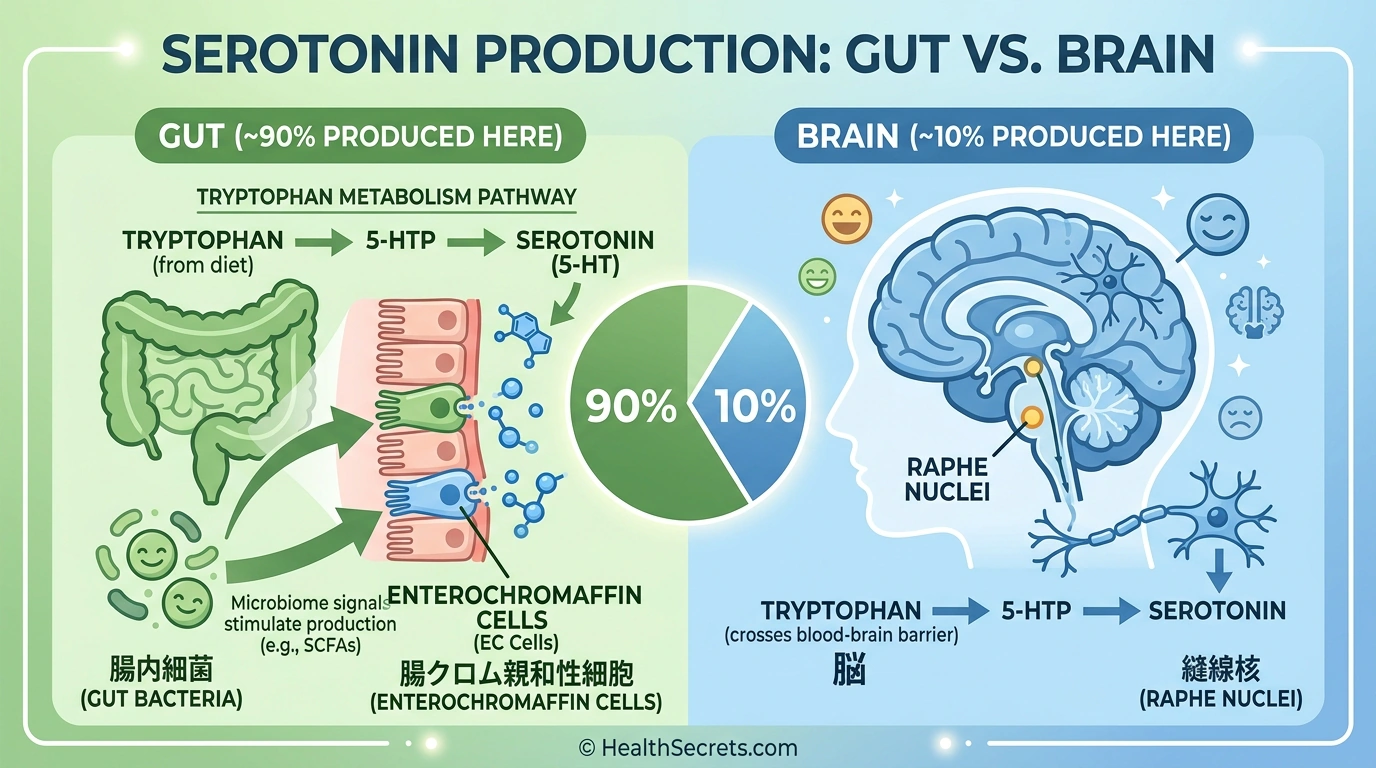 Infographic showing 90 percent of serotonin produced in the gut by enterochromaffin cells influenced by gut bacteria versus 10 percent in the brain
