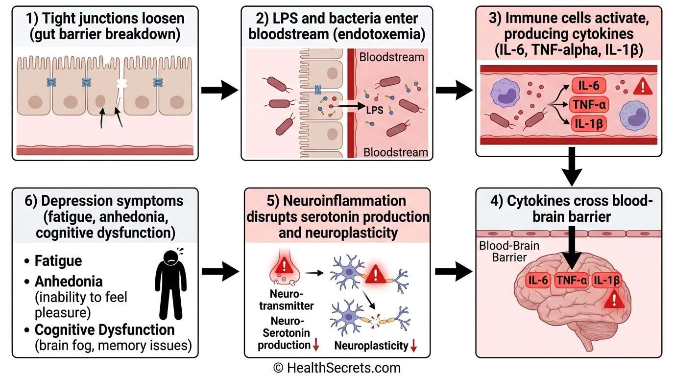 Flow diagram showing the cascade from leaky gut to endotoxemia to neuroinflammation to depression symptoms