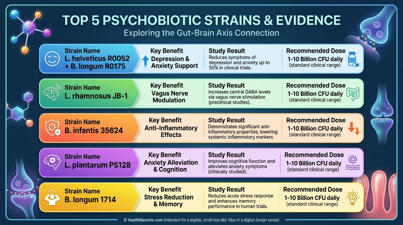 Chart of top five psychobiotic probiotic strains with clinical evidence for depression and anxiety showing strain names doses and study results