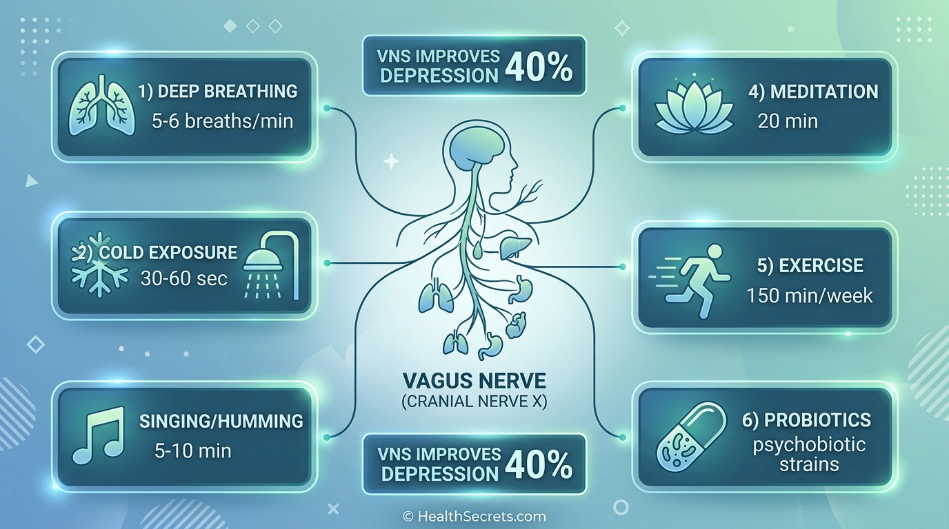 Infographic of six natural vagus nerve stimulation methods including deep breathing cold exposure singing meditation exercise and probiotics