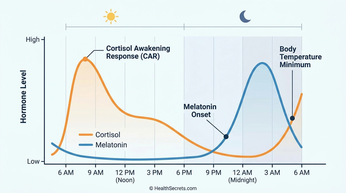 Circadian rhythm chart showing 24-hour cortisol and melatonin hormone cycles with peak times