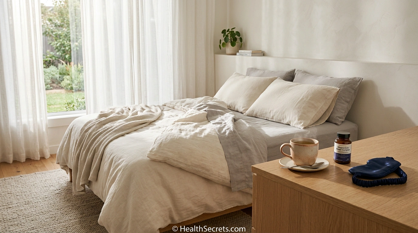 Sleep optimization bedroom setup with morning sunlight, sleep mask, and magnesium supplements on nightstand