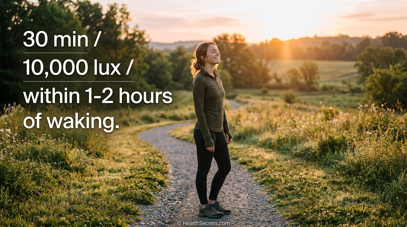 Person getting morning sunlight exposure for circadian rhythm optimization, 30 minutes at 10,000 lux
