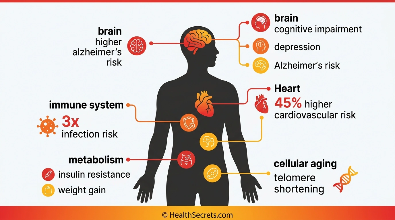 Infographic showing consequences of sleep deprivation on brain, heart, immune system, metabolism, and aging