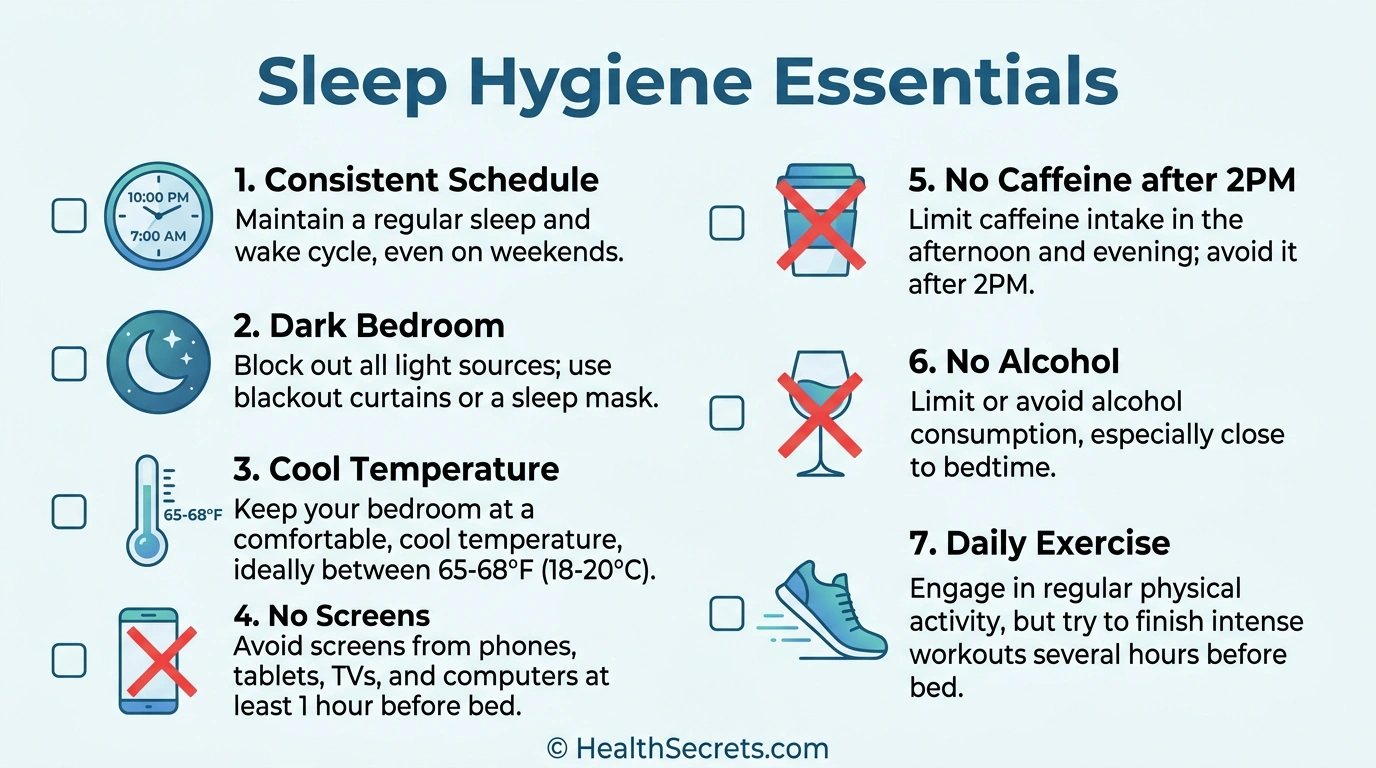 Sleep hygiene checklist infographic with icons for schedule, darkness, temperature, screen curfew, caffeine cutoff