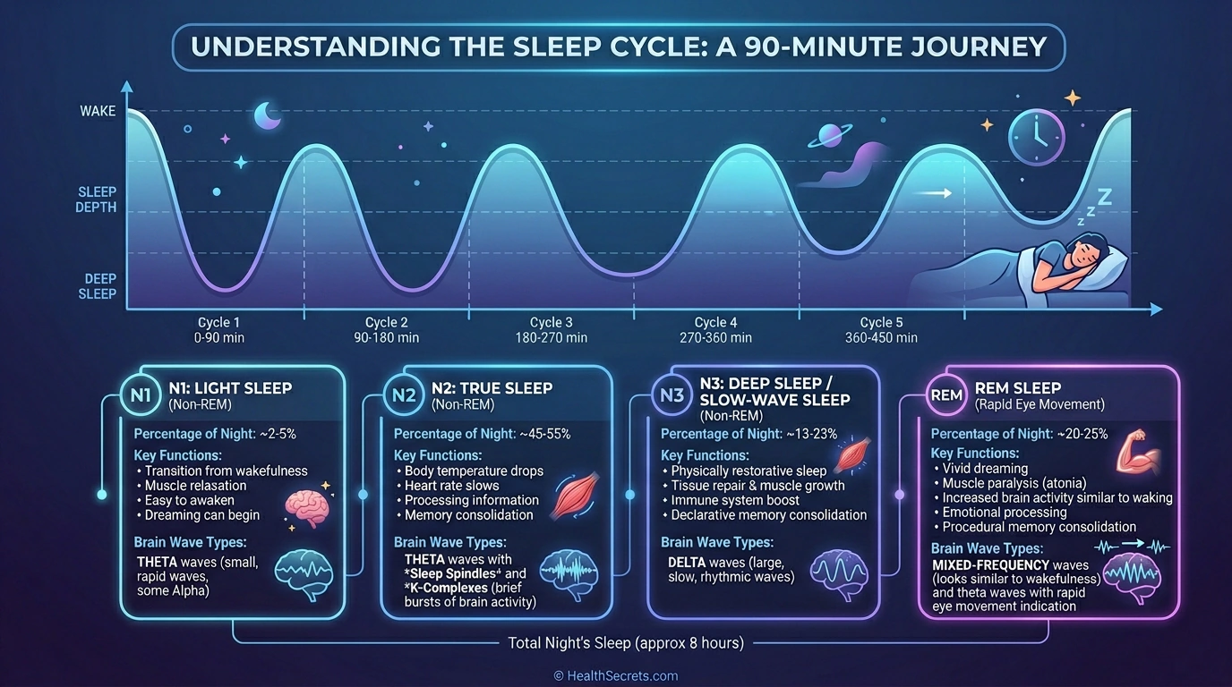 Sleep stages diagram showing N1, N2, N3 deep sleep, and REM sleep cycles with duration and functions