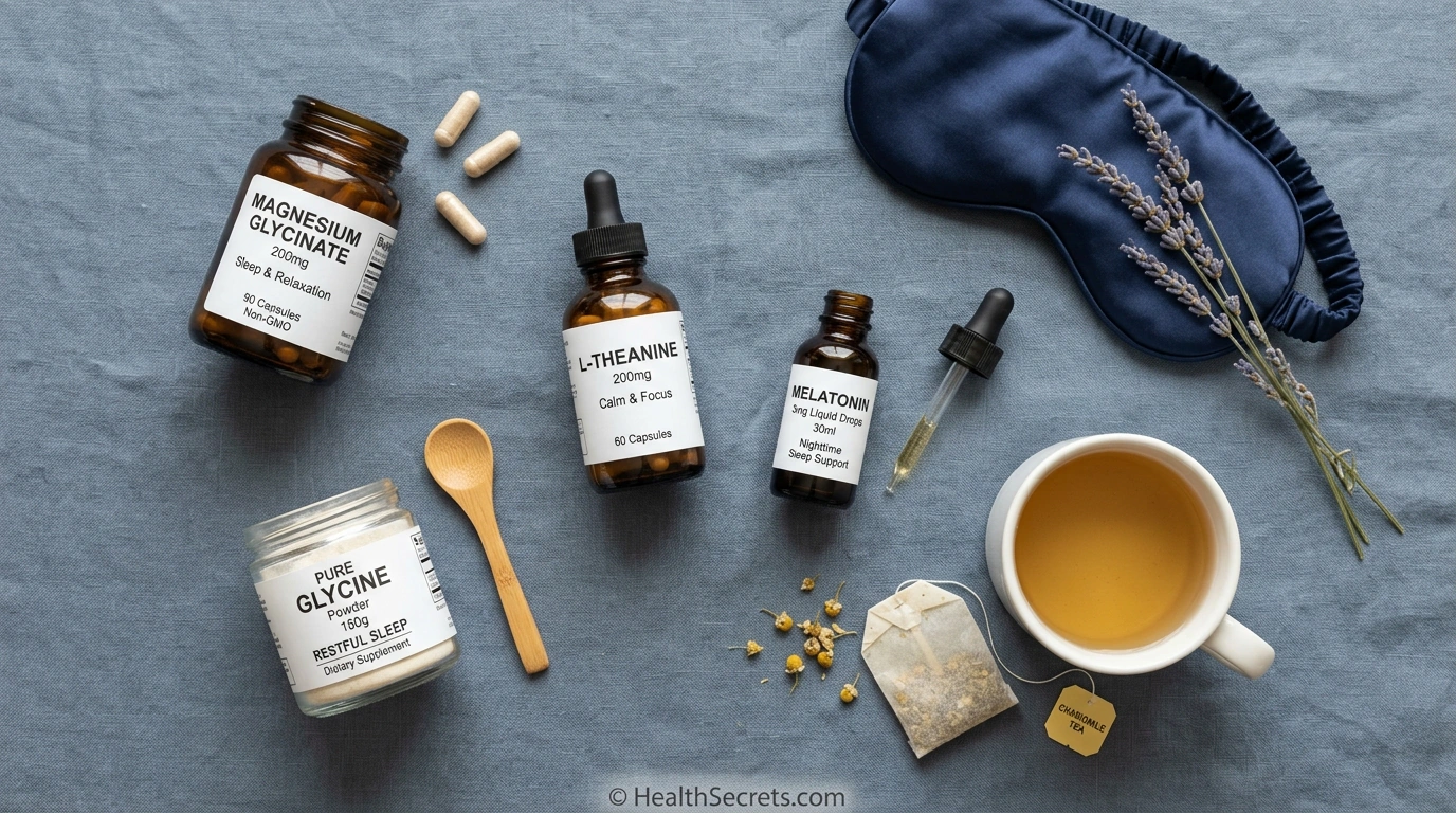 Evidence-based sleep supplements including magnesium glycinate, L-theanine, melatonin, and apigenin
