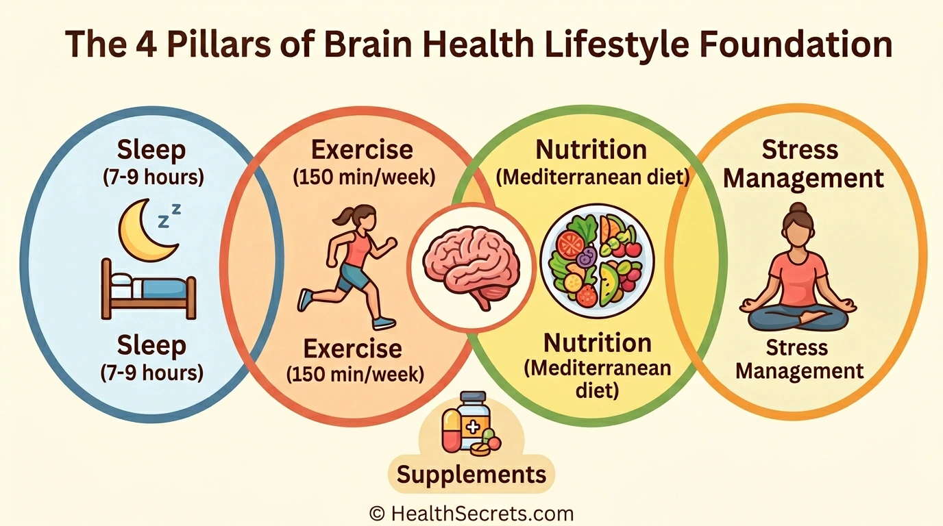 Four pillars of brain health lifestyle foundation showing sleep, exercise, nutrition, and stress management as the base for nootropic supplementation