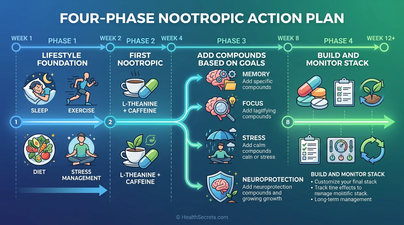 Four-phase nootropic action plan timeline from lifestyle optimization through building a personalized nootropic stack over 12 weeks