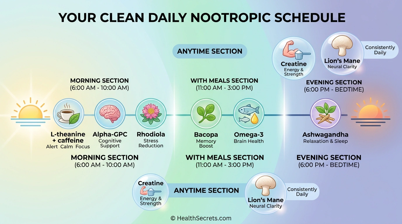 Daily nootropic dosing schedule showing optimal timing for each supplement from morning stimulants to evening adaptogens