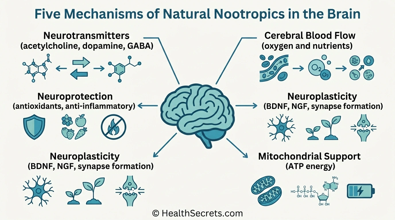 Infographic showing five mechanisms of natural nootropics: neurotransmitters, blood flow, neuroprotection, neuroplasticity, and mitochondrial support