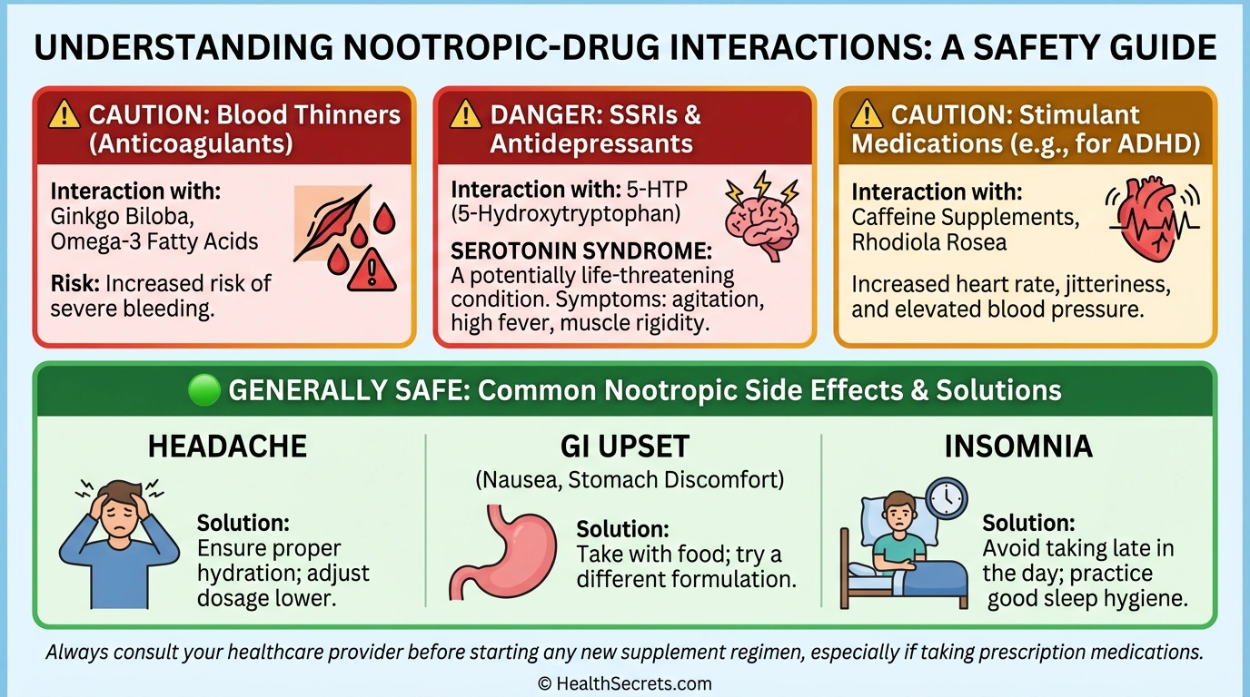 Safety infographic showing nootropic drug interactions with blood thinners, SSRIs, and stimulant medications with warning levels