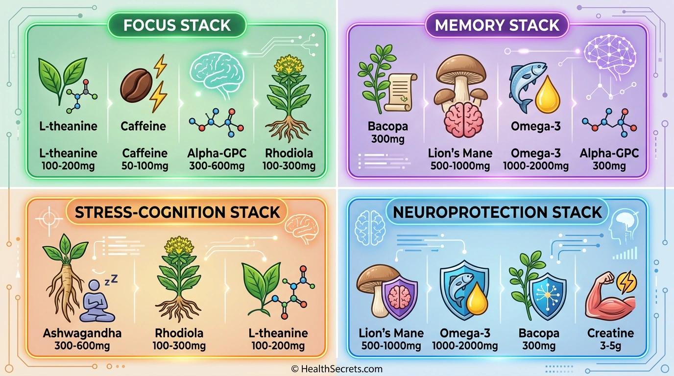 Visual guide to four popular nootropic stacks for focus, memory, stress-cognition, and neuroprotection with specific supplement combinations