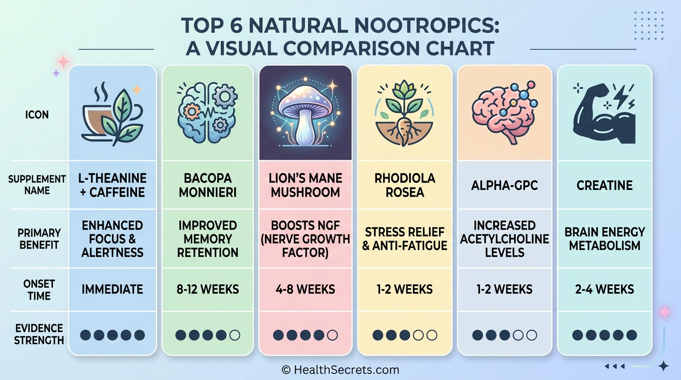 Comparison chart of top natural nootropics showing benefits, onset time, and evidence strength for each supplement