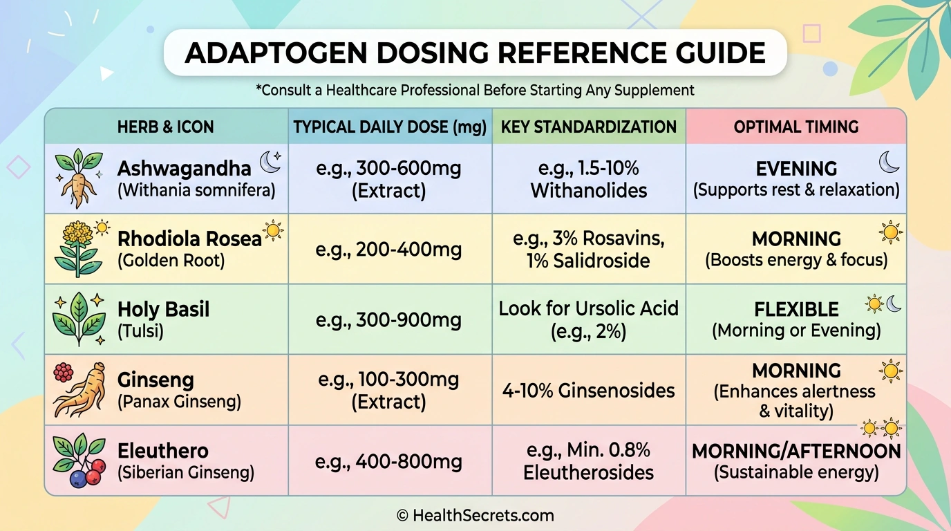 Adaptogen dosing guide showing recommended daily doses, standardization, and timing for five major adaptogenic herbs
