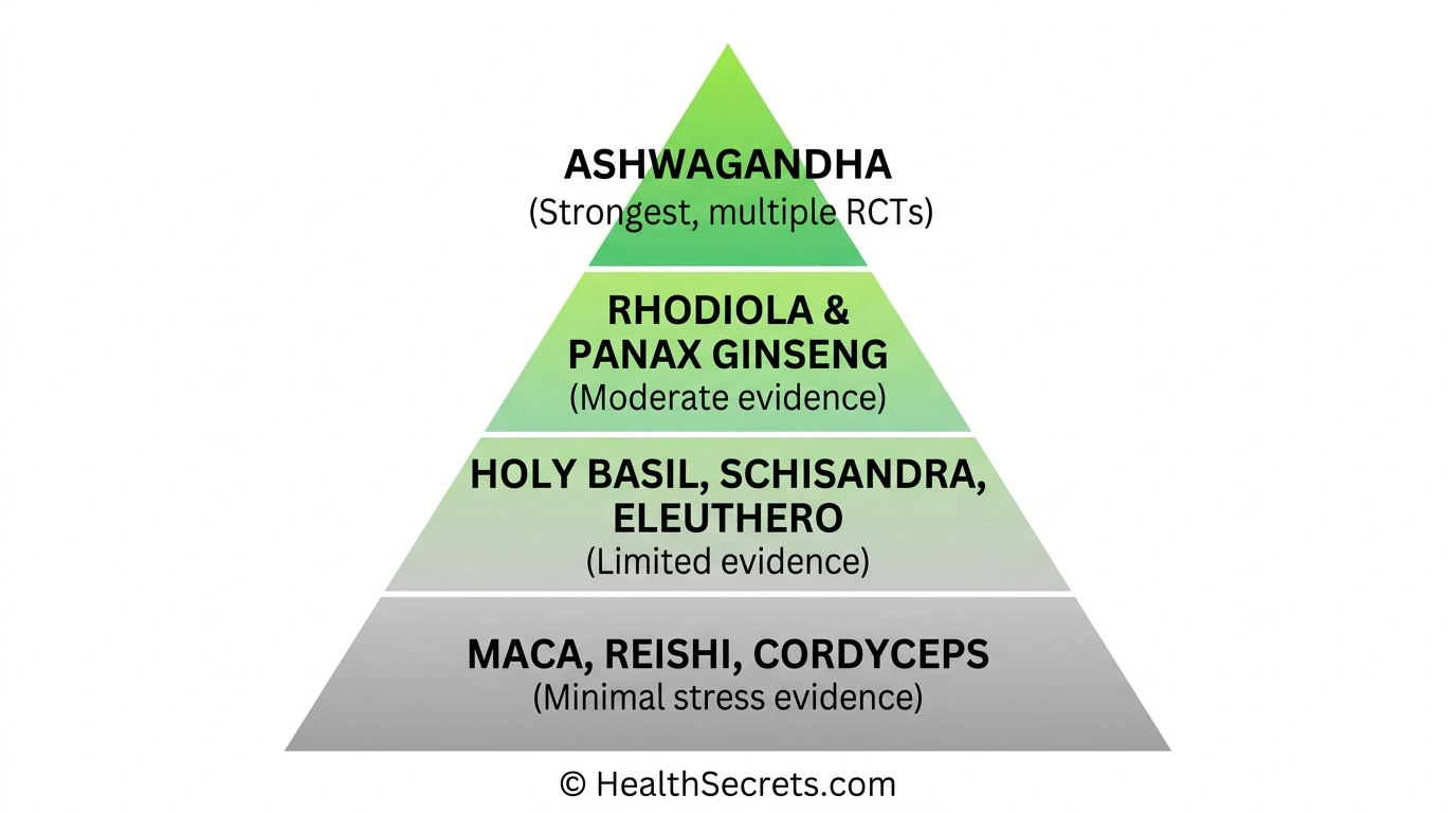 Evidence hierarchy pyramid for adaptogenic herbs showing ashwagandha at the top with strongest clinical evidence