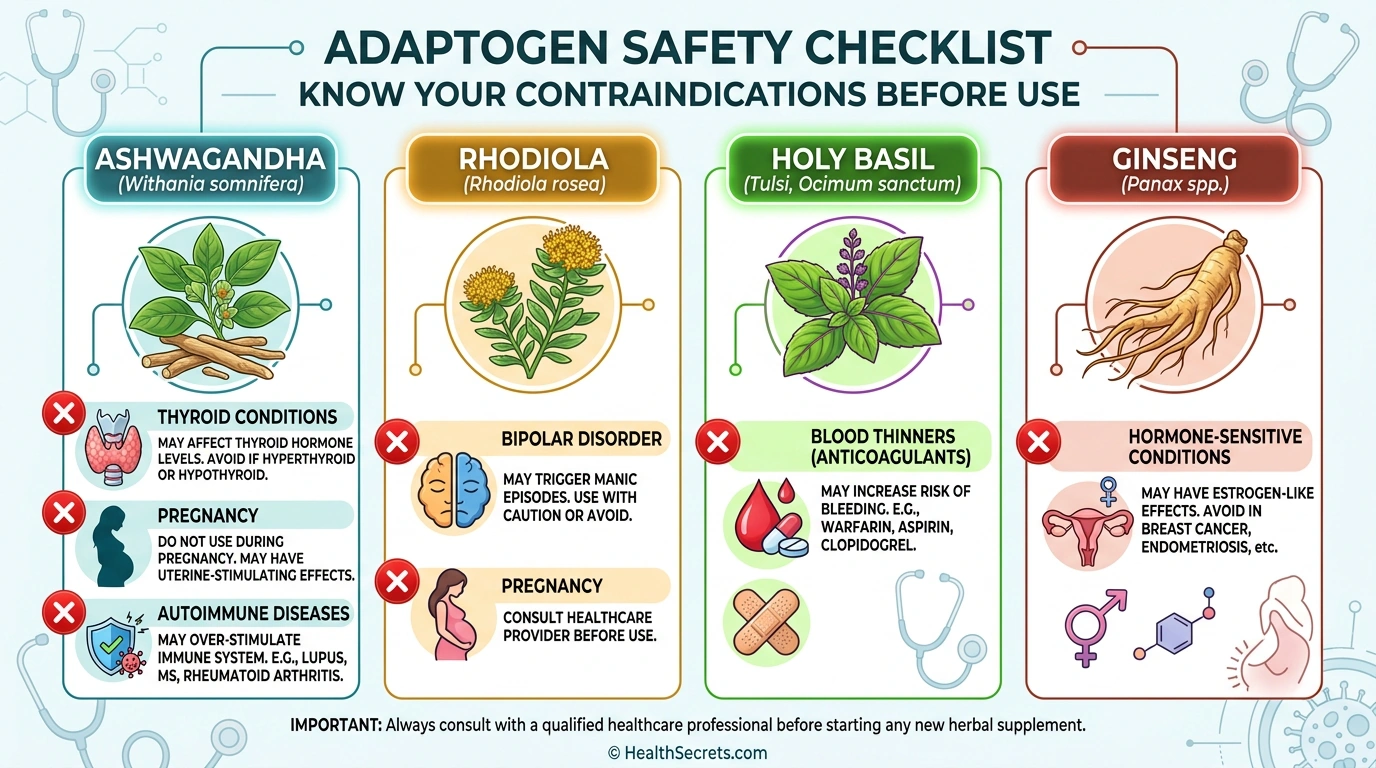 Safety checklist showing contraindications and cautions for major adaptogenic herbs