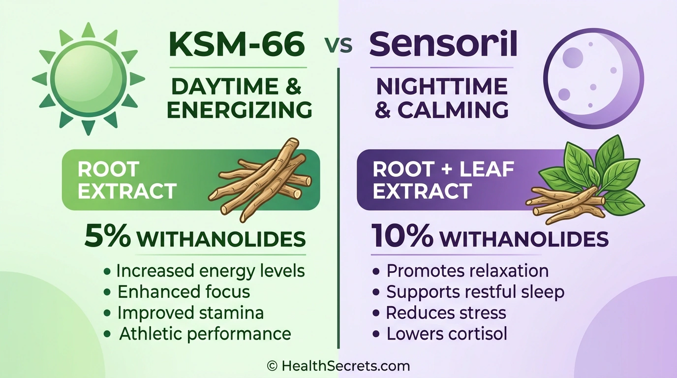 Comparison infographic of KSM-66 vs Sensoril ashwagandha showing differences in extraction, timing, and effects