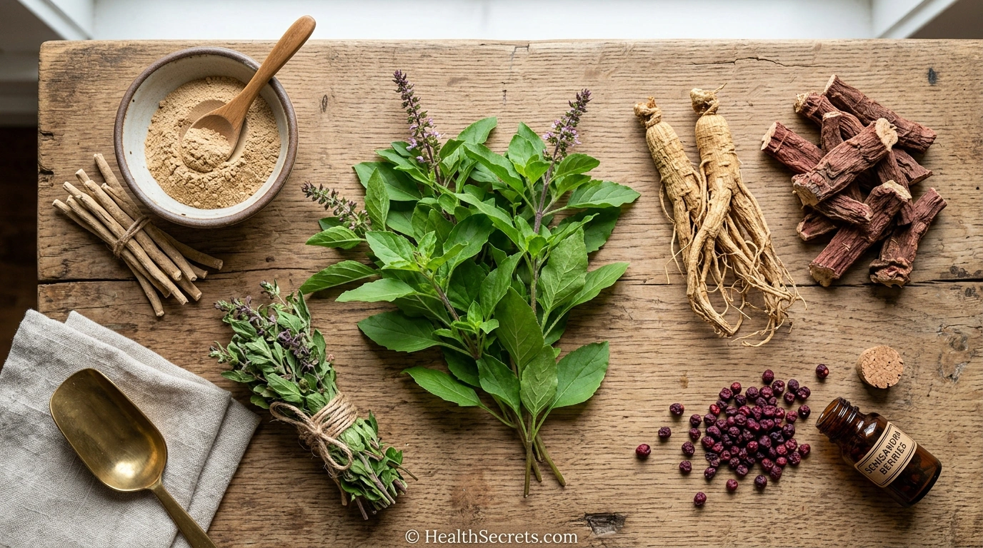 Popular adaptogenic herbs for stress including ashwagandha, rhodiola, holy basil, ginseng, and schisandra
