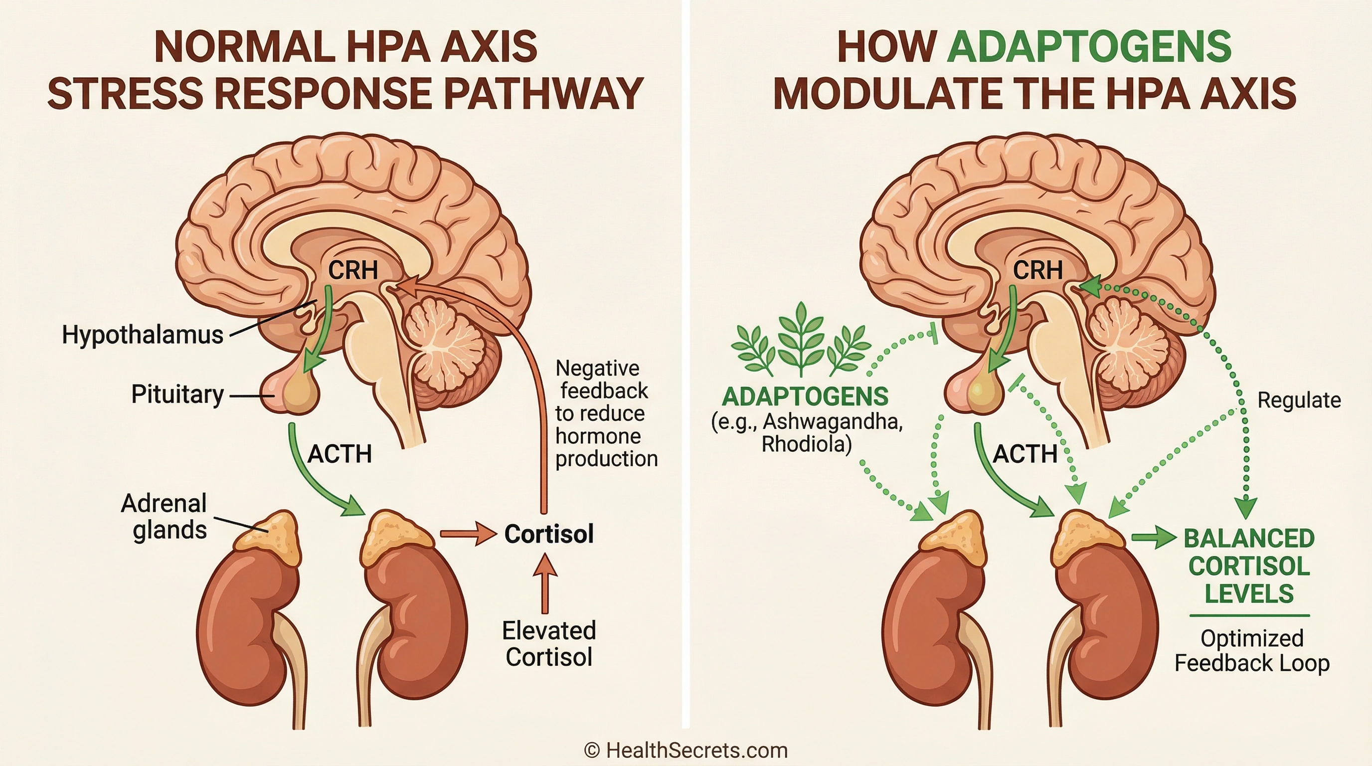 Infographic showing how the HPA axis stress response works and how adaptogens modulate cortisol production