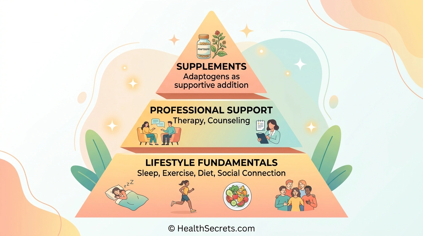 Stress management hierarchy showing lifestyle fundamentals as the foundation with adaptogens as a supportive top layer