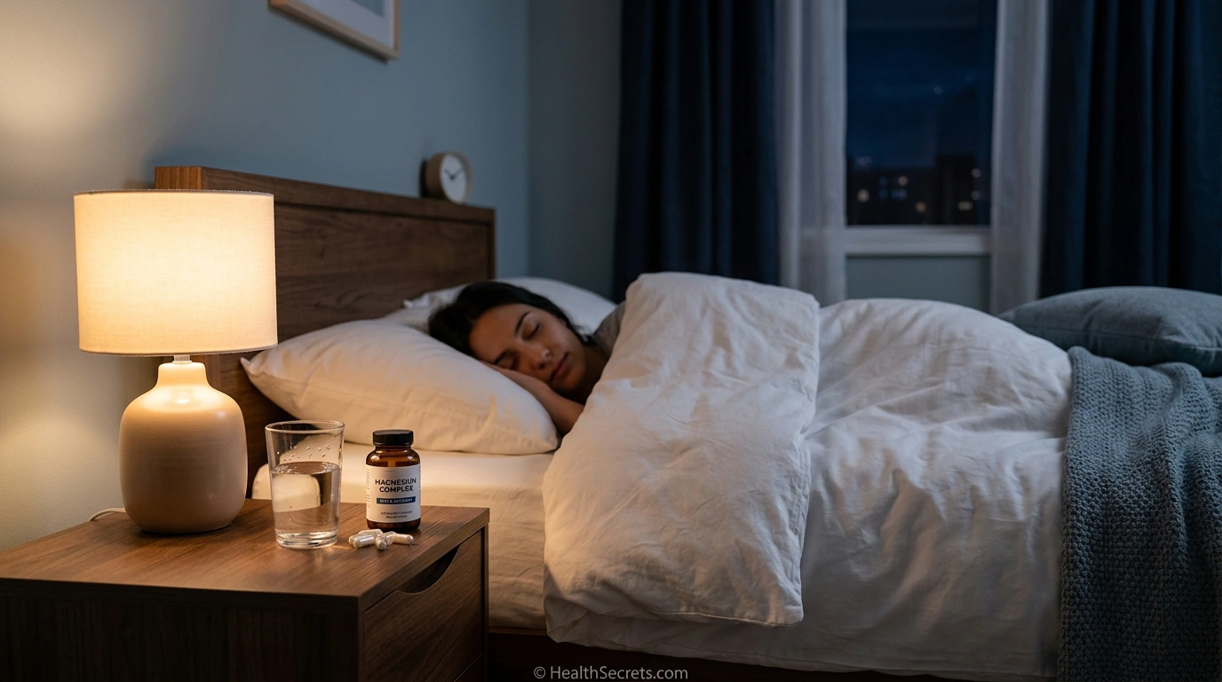Magnesium supplements on a bedside table in a peaceful bedroom setting illustrating magnesium for sleep support