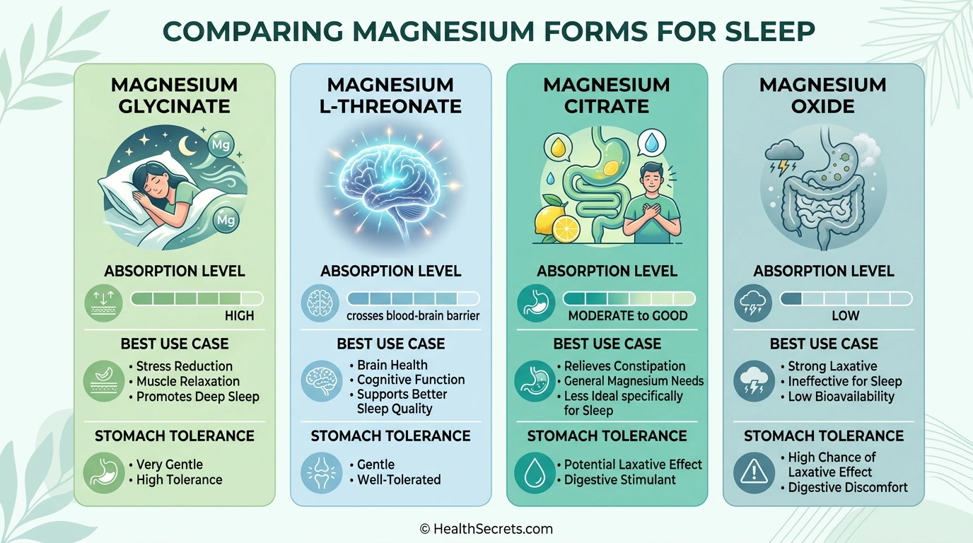 Infographic comparing magnesium forms for sleep including glycinate, L-threonate, citrate, and oxide with absorption rates and best uses